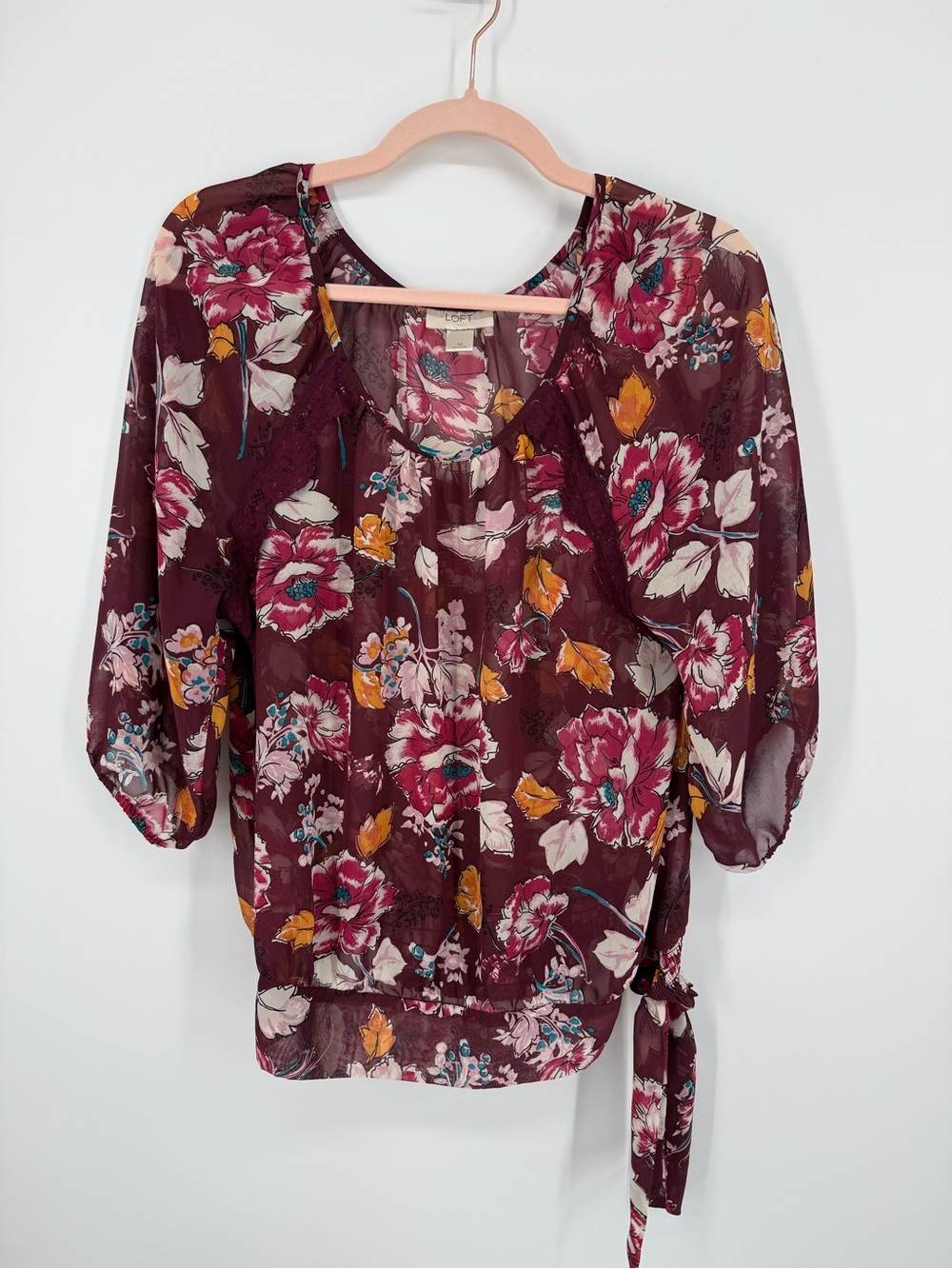 LOFT Burgundy Floral Blouse Top Medium M 3/4 Balloon Sleeve Side Tie Lace Boho